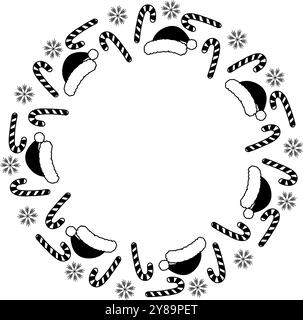 Zuckerrohr, Weihnachtsmannmützen und Schneeflocken Schwarzer und weißer Rundrahmen im Doodle-Stil, Kopierraum. Isolierte Vektor-Illustrationskarten, Poster, Faltblätter, Banner, Broschüren, Grußworte, Label oder Web Stock Vektor