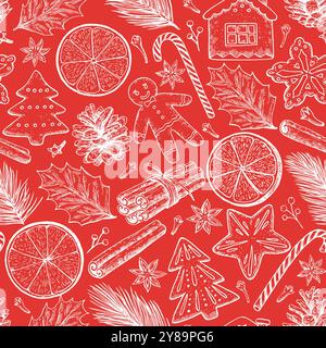 Große Auswahl an Weihnachts- und Neujahrselementen, Keksen, Süßigkeiten, Kiefernzweigen und Gewürzen. Handgezeichnete Illustration im alten Vintage-Stil. Stock Vektor