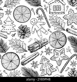 Große Auswahl an Weihnachts- und Neujahrselementen, Keksen, Süßigkeiten, Kiefernzweigen und Gewürzen. Handgezeichnete Illustration im alten Vintage-Stil. Stock Vektor