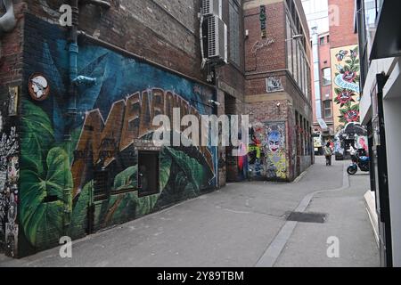 Blick auf die AC DC Lane und die Graffitis in Melbourne, Australien Stockfoto