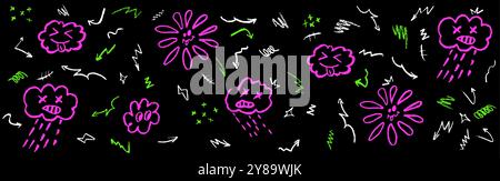 Farbenfrohes Muster mit Wachsmalstift, das regnerische Wolken, Zungenwolken, Blume und Sonne zeichnet. Kinder zeichnen Knarren, Pfeile, Sterne auf der Tafel Stock Vektor