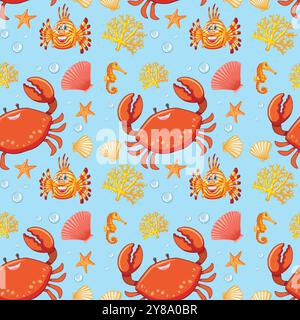 Bunte Meeresbewohner und Muscheln auf blauem Hintergrund Stock Vektor