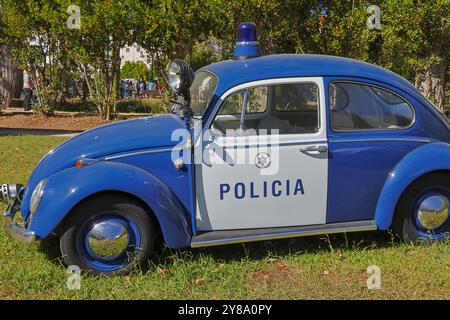 Klassisches blau-weißes Polizeiauto, das auf dem Gras in einem Park geparkt ist, in dem Leute im Hintergrund laufen Stockfoto