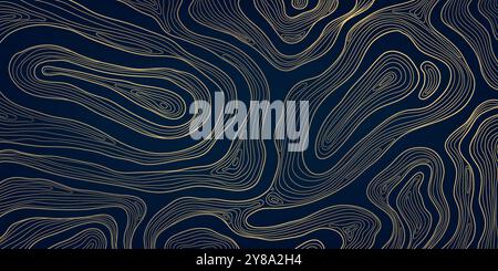 Vektorlinie Topographie Kartenmuster, Linie Gold auf dunkler Kontur Textur, Welle geographischer Hintergrund, Holz organische Illustration Stock Vektor