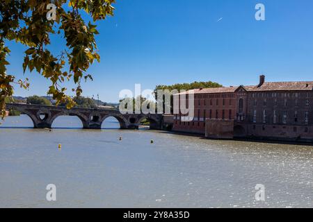 Goldener Sonnenuntergang über dem Fluss Garonne und Pont Neuf in der Innenstadt von Toulouse. Diese Bogenbrücke gilt als ein Meisterwerk der Renaissance. Die Brücke i Stockfoto