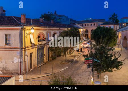 Blick auf die Innenstadt von Toulouse während der blauen Stunde am Morgen, der ruhigen und leeren Straße einen romantischen und beleuchteten Blick bietet Stockfoto