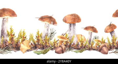 Pilze fallen nahtlos an die Grenze. Boletus orange Kappe mit Chanterelle, Moos, gelben grünen Blättern und brauner Eichel. Tannenzweig, Nadeln. Aquarellhand Stockfoto