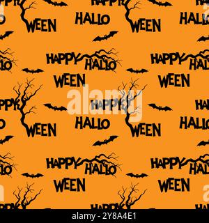 Orangefarbenes Muster mit Happy Halloween-Schriftzug und Fledermaus-Silhouette und knorrigen alten Baumzweigen. . Vektorabbildung Stock Vektor