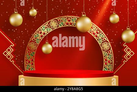 3D Podium rund auf der Bühne, für frohe Weihnachten und ein glückliches neues Jahr und Festivals oder Begrüßungsfest auf Papier geschnittene Kunst und Kunsthandwerk mit farbigem Hintergrund Stock Vektor