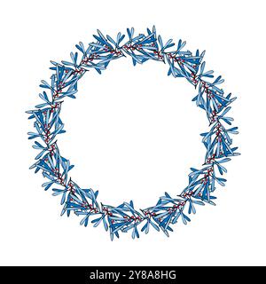 Winter Neujahrskranz aus blauen kalten Zweigen mit roten Beeren, isoliert auf weißem Hintergrund. Design-Element für den Winter. Vektorabbildung Stock Vektor