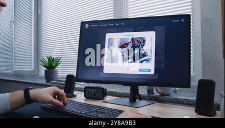 Erwachsener Mann gibt Prompt im Chatbot für künstliche Intelligenz auf dem PC. Die fortschrittliche KI-Bildgenerator-App generiert detailreiche, hochwertige Fotoporträts des Sci-fi-Roboters. KI-generierte Bilderstellungstechnologie. Stockfoto