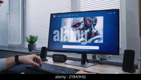 Erwachsener Mann gibt Prompt im Chatbot für künstliche Intelligenz auf dem PC. Die fortschrittliche KI-Bildgenerator-App generiert detailreiche, hochwertige Fotoporträts des Sci-fi-Roboters. KI-generierte Bilderstellungstechnologie. Stockfoto