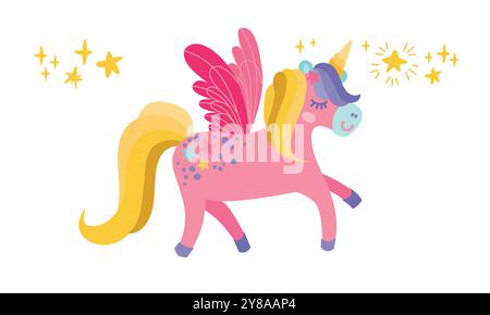 Ein süßes Einhorn mit Flügeln. Ein handgezeichnetes Pony mit einem goldenen Horn. Das magische Pferd Pegasus. Es kann für Druck, Textilien und Webdesign verwendet werden. Vektor Stock Vektor