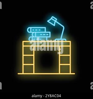 Neonschild mit einem Schreibtisch mit Büchern und einer Lampe, das den Arbeitsbereich beleuchtet und eine gemütliche Atmosphäre schafft Stock Vektor