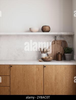Moderne Küchenästhetik kombiniert die Schönheit von Holz und Marmor und schafft so einen stilvollen Look Stockfoto
