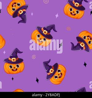 Hintergrund für Halloween-Feiertage mit nahtlosem Muster. Kürbis im Hexenhut. Stock Vektor