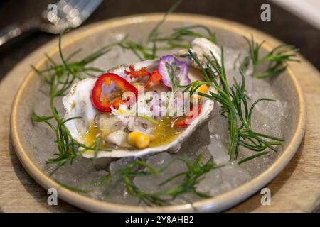 Oyster in einer Halbschale mit bunten Garnituren Stockfoto