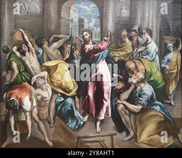 Christus, der die Händler aus dem Tempel treibt, vom griechischen Maler El Greco in der National Gallery, London, Großbritannien Stockfoto