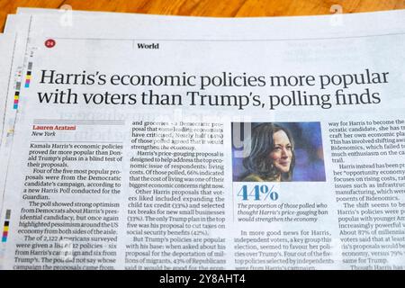 Kamala 'Harris' Wirtschaftspolitik ist bei den Wählern populärer als Trumps, Polling Finds' Guardian-Zeitung titelt die US-Wahl am 1. Oktober 2024 Großbritannien Stockfoto