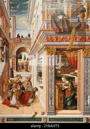 Die Verkündigung mit dem Heiligen Emidius des italienischen Renaissance-Malers Carlo Crivelli in der National Gallery, London, Großbritannien Stockfoto