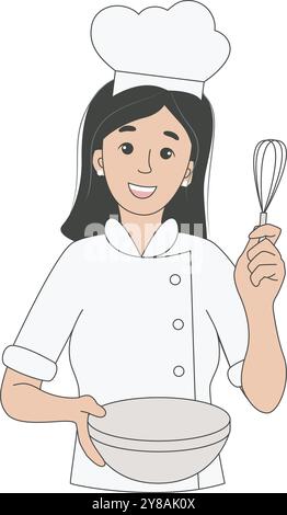 Konditorin Frau in Uniform und Kochmütze, Clip-Art. Netter weiblicher Charakter, der süßes Gebäck oder Dessert auf weißem Hintergrund kocht. Positiv Stock Vektor