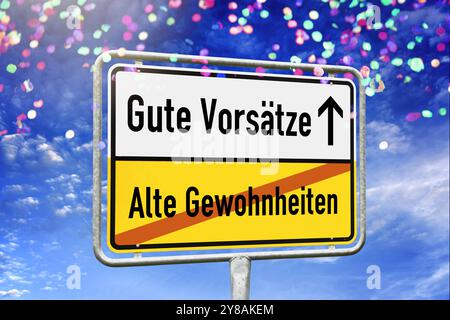 FOTOMONTAGE, Schild mit der Inschrift Gute Absichten und durchgestrichene Inschrift Alte Gewohnheiten mit Konfetti, FOTOMONTAGE, Schild mit Aufschrift Gute Stockfoto