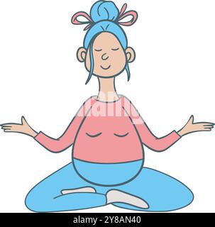 Lustiges Bild einer schwangeren Frau, die meditiert, Clip-Art. Weibliche Figur im Doodle-Stil beim Entspannungs-Yoga. Schwangere Frau, die ein Baby erwartet Stock Vektor