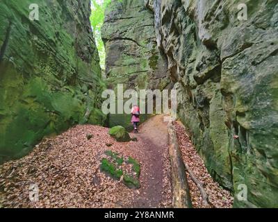 Frauen in einer imposanten Felsenlandschaft in einem natürlichen Wald, Luxemburgs kleine Schweiz, Luxemburg, kleine Luxemburgische Schweiz, Müllerthal Stockfoto