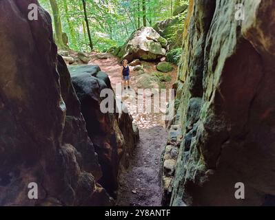 Blick aus einer Spalte auf den Wanderweg Teuflische Acht auf dem Ferschweiler Hochplateau, Deutschland, Rheinland-Pfalz, Naturpark Suedeifel, Irrel Stockfoto