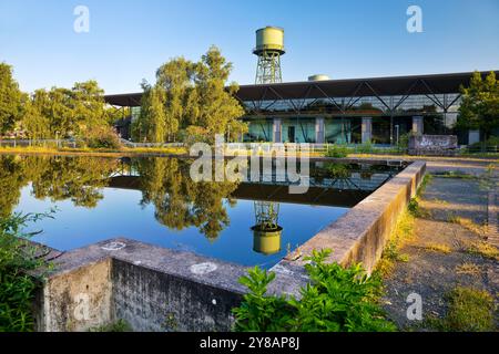 Century Hall im Westpark, Wasserturm reflektiert im Wasserbecken, Deutschland, Nordrhein-Westfalen, Ruhrgebiet, Bochum Stockfoto