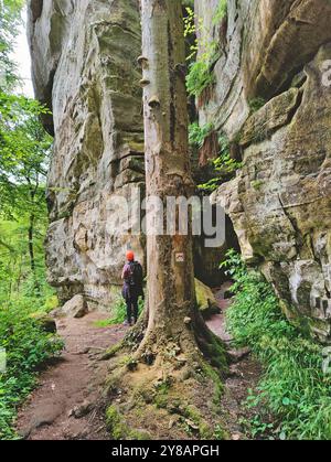 Frauen in einer imposanten Felsenlandschaft in einem natürlichen Wald, Luxemburgs kleine Schweiz, Luxemburg, kleine Luxemburgische Schweiz, Müllerthal Stockfoto