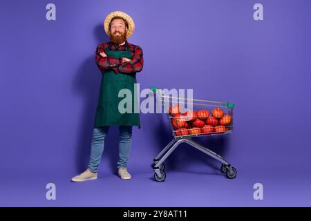 Foto des fröhlichen bärtigen Mannes Farmer Herbst halloween Saison Shopping Zeit isoliert auf lila Hintergrund Stockfoto