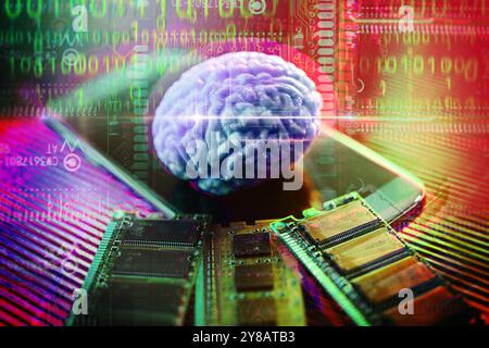 FOTOMONTAGE, Gehirn auf Smartphone mit Computerplatinen, symbolische Photoneurotechnologie, FOTOMONTAGE, Gehirn auf Smartphone mit Computerplatinen, Symb Stockfoto