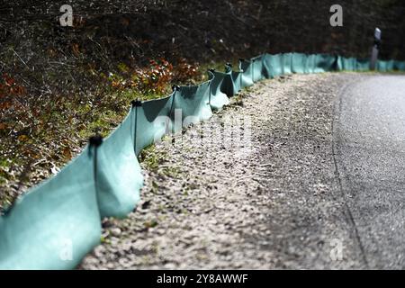 Fangzäune für Kröten auf einer Straße in Scharbeutz, Schleswig-Holstein, Deutschland, Fangzäune für Erdkröten an einer Straße in Scharbeutz, Deutschland Stockfoto