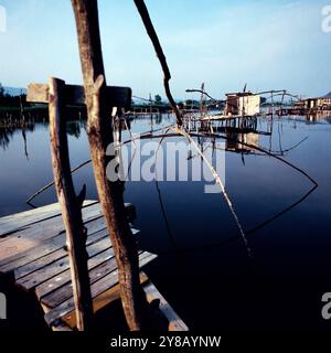 Traditionelle Fischerreusen im Port Milena in Ulcinj, Montenegro, Jugoslawien um 1981. 90010001098 Stockfoto