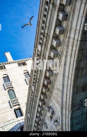 Detail aus dem Vaporetto der Rialto-Brücke auf dem Canal Grande in Venedig, Italien Stockfoto