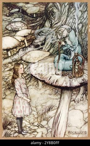 „Wer sind SIE? Sagte die Caterpillar?“ Illustration aus „Alice's Adventures in Wonderland“ von Lewis Carroll (1832–1898), Kunstwerk von Arthur Rackham (1867–1939), das die Caterpillar und Alice einander anschauten. Foto aus einer 1907 erschienenen Erstausgabe von William Heinemann, London und Doubleday, Page & Co, New York. Foto: AF Fotografie / Private Collection Stockfoto