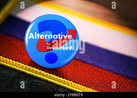 FOTOMONTAGE, AfD-Partyabzeichen auf russischer Flagge mit Fragezeichen, symbolisches Foto für eine mögliche Nähe der AfD zu Russland, FOTOMONTAGE, Teil Stockfoto