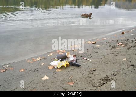 Eine Ente schwimmt in einem verschmutzten See in der Nähe der Küste, der mit Müll bedeckt ist, was die Umweltauswirkungen zeigt. Stockfoto