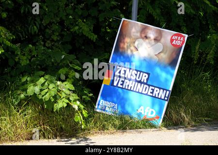 AFD-Wahlplakat für die Europawahlen mit der Aufschrift verhindern Zensur in Hamburg, Wahlplakat der AfD zur Europawahl mit aufs Stockfoto