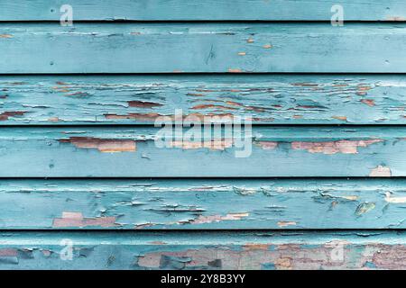 Wandverkleidung aus Holz in türkisfarbener Farbe, Telegraph Cove, Vancouver Island, British Columbia, Kanada. Stockfoto