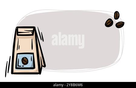 Einfacher Vektoraufkleber mit Papiertüte und Kaffeebohnen. Vorlage für Preisschild, Label. Handgezeichnete Abbildung. Symbole Zeichen und Symbole für Design Stock Vektor
