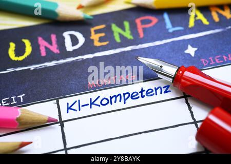 FOTOMONTAGE, Schulstift und Fahrplan mit der Aufschrift AI Competence, FOTOMONTAGE, Schulfüller und Stundenplan mit der Aufschrift KI-Kompetenz Stockfoto