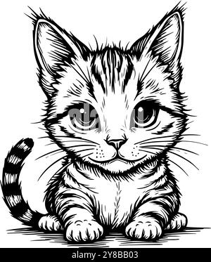 Eine bezaubernde Stylenkunst-Illustration eines süßen Kätzchens, das auf weißem Hintergrund sitzt. Schwarz-weiß-Katzencartoon. Stock Vektor