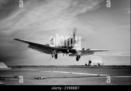 Ein Blackburn Firebrand, landet auf HMS illustrous. Der britische einmotorige Kampfjäger für den Fleet Air Arm der Royal Navy wurde während des Zweiten Weltkriegs entwickelt. Ursprünglich als reiner Kampfflugzeug gedacht, wurde es aufgrund seiner unbeeindruckenden Leistung und der Prioritäten des Ministeriums für Flugzeugproduktion als Streikjäger umgestaltet, um seine Belastbarkeit zu nutzen. Die ersten Serienflugzeuge wurden erst nach Kriegsende geliefert. Nur wenige hundert wurden gebaut, bevor es 1953 aus dem Frontdienst genommen wurde. Stockfoto