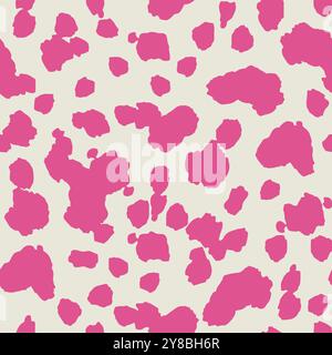 Abstraktes rosa auf weißem Kuh- oder Giraffen-Muster. Heiße rosafarbene organische Blob-Formen auf sattem beigem Hintergrund. Handgezeichneter trendiger, lebendiger Mini Stock Vektor