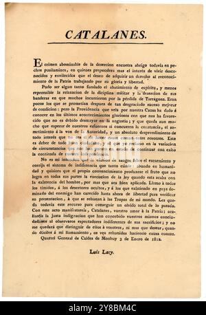 España. Katalonien. Proclama contra la deserción publicada por el General Luis Lacy en Caldes de Montbuy el 3 de enero de 1812. Stockfoto