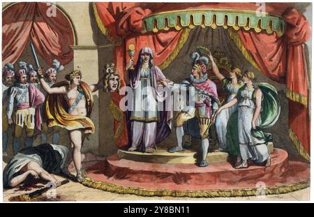 España. Alegoría del restablecimiento de la Casa de España en el trono de Borbón en 1813 tras la Marcha de Napoleón, repräsentando la Unión (señalada con el número 1), el Rey Fernando VII (1784-1833) (señalado con el número 2), la religión (señalada con el número 3), el valor español (señalado con el número 4), y la discordia con la Cabeza cortada (número con el señalada 5). Editado en Italia, años 1810. Stockfoto