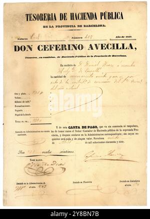 España. Katalonien. Carta de pago a la Tesorería de Hacienda Pública de la provincia de Barcelona por cuenta del Ayuntamiento de Cornellá en Concepto de contribución de Consumos del primer trimestre del año 1857. Stockfoto