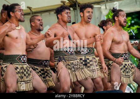 Der Haka ist ein traditioneller Kriegsschrei, ein Kriegstanz oder eine Herausforderung in der Māori-Kultur. Auf dem Foto wird es während des Waitingi-Tages aufgeführt. Der Waitangi-Tag ist der Nat Stockfoto